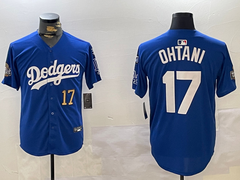 Men Los Angeles Dodgers 17 Ohtani 2024 World series patch blue jersey 20241120124